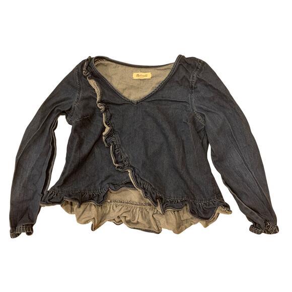 MADEWELL Denim Ruffle Top shirt clare wash $75 BLOGGER FAV SOLD OUT Size S - EUC - Picture 7 of 11